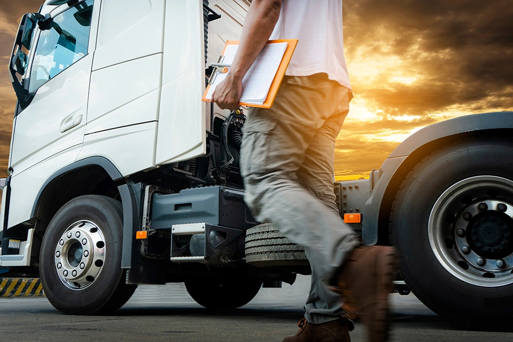 Nahaufnahme eines Lkws und Handwerker mit Checkliste – sichere Industrietransporte